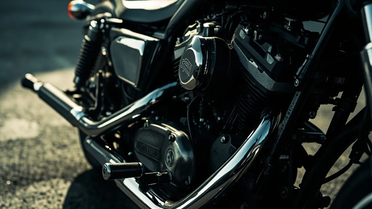 Nahaufnahme eines Motorradmotors und der Chrom-Auspuffanlage im Streiflicht