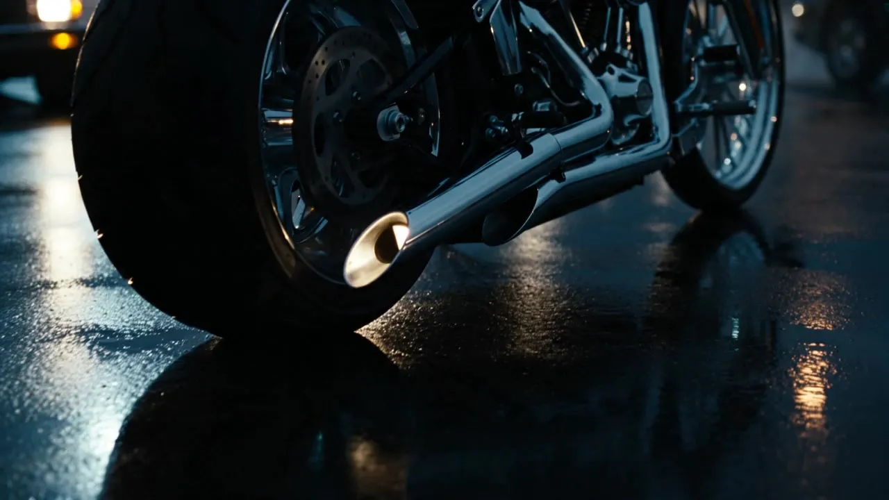 Kraftvolles Naked-Bike auf nassem dunklem Asphalt in der Dämmerung mit dramatischem Streiflicht