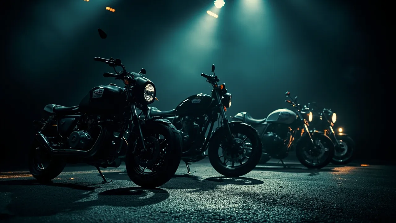 Naked-Motorrad in einem dunklen Showroom mit dramatischem Spotlight