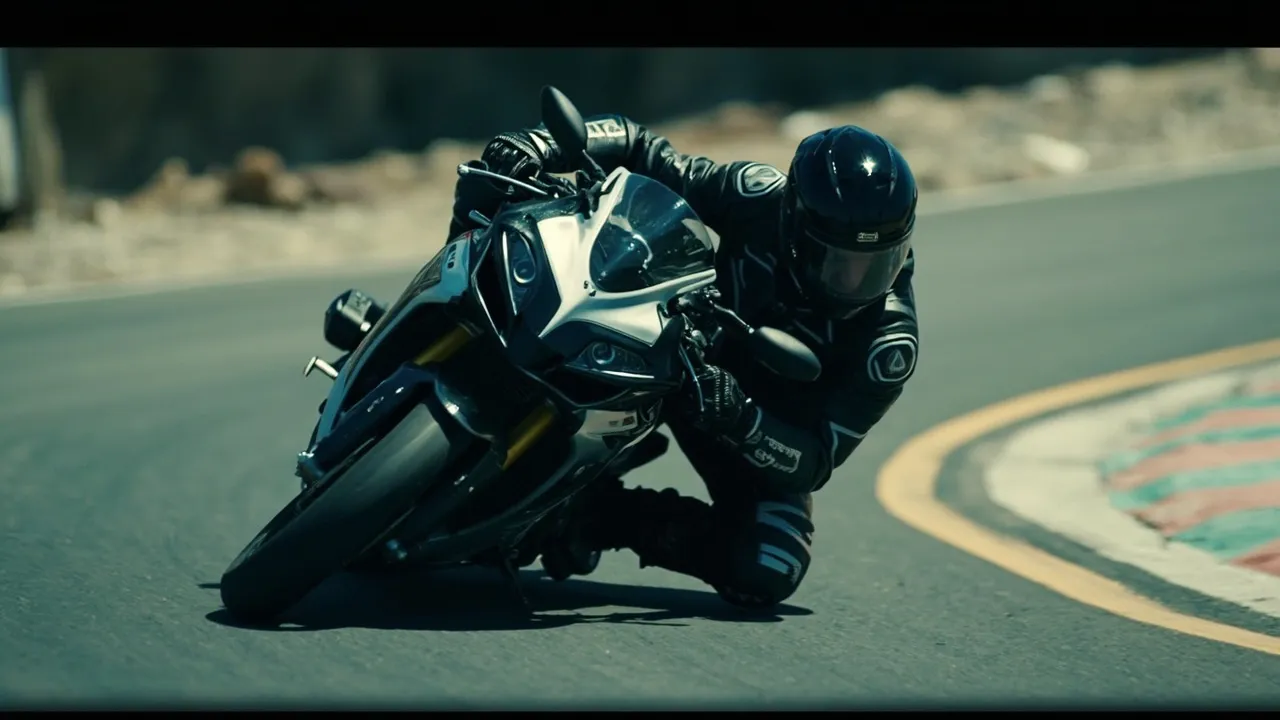 Fahrer in voller Montur, der ein Sportmotorrad dynamisch durch eine Kurve legt